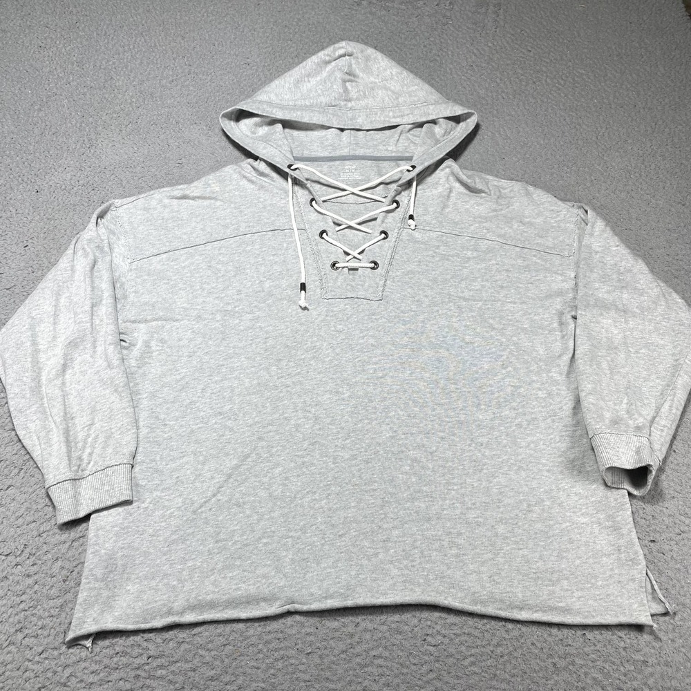 Aerie Hoodie Womens XS Gray Lace Up V Neck Pullover Lightweight Sweatshirt